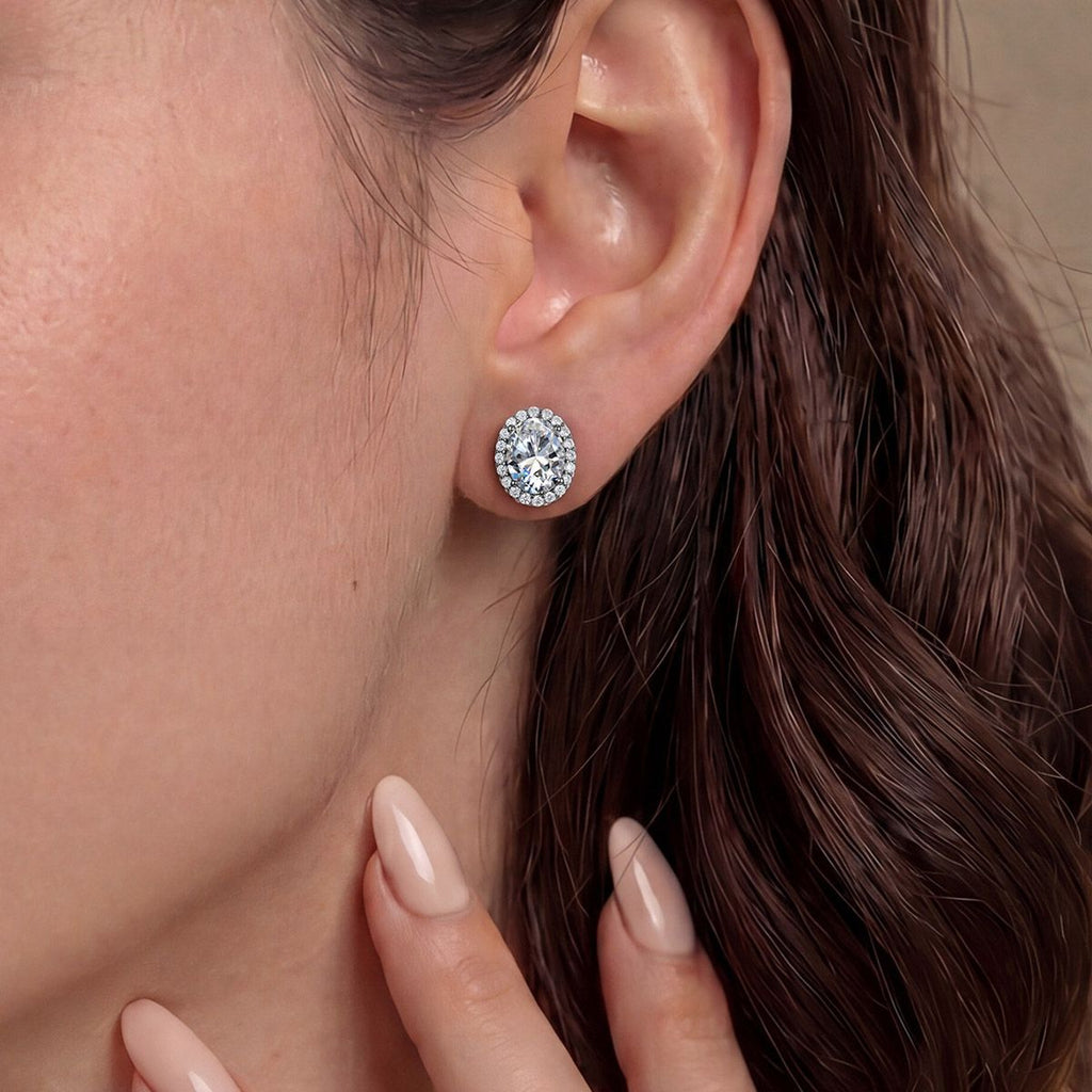 Oval Moissanite D Color Halo 925 Sterling Silver Stud Earrings