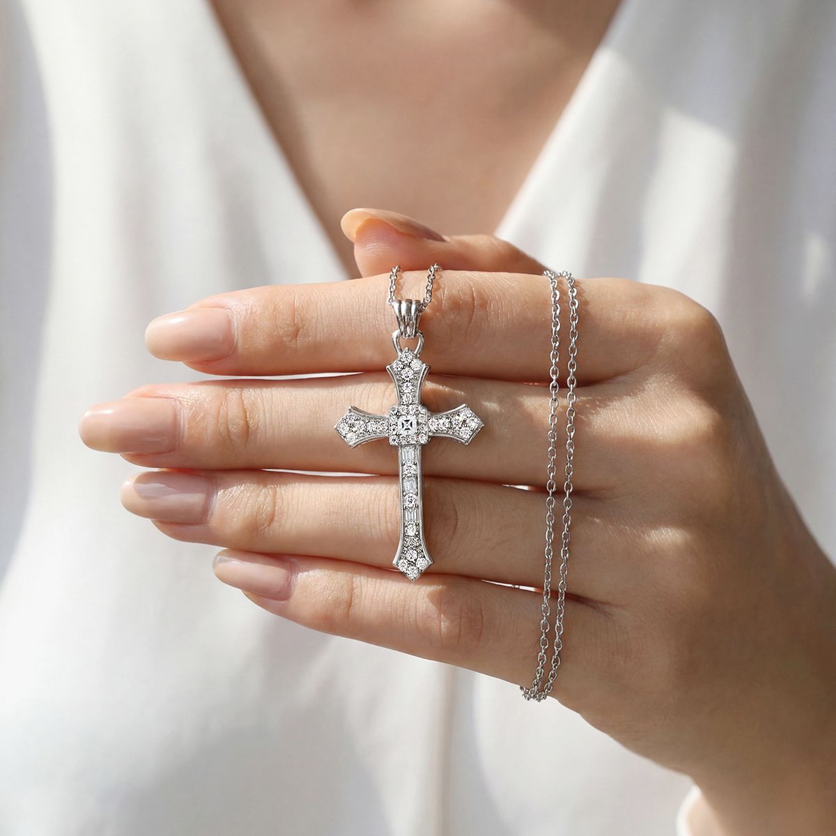 Vintage Cross Moissanite 925 Sterling Silver Necklace