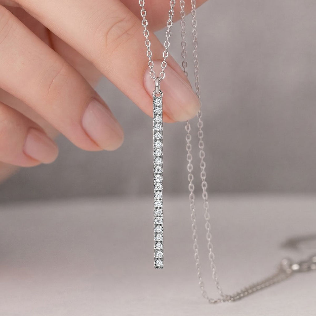 Moissanite Geometric Vertical Bar Pendant Necklace in 925 Sterling Silver
