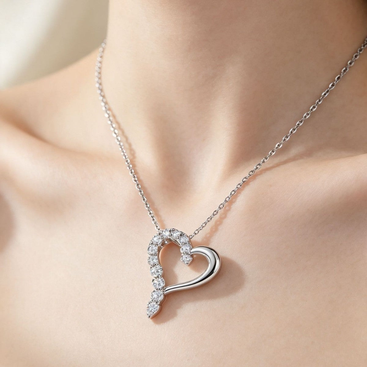 Asymmetrical Hollow Heart Moissanite 925 Sterling Silver Necklace