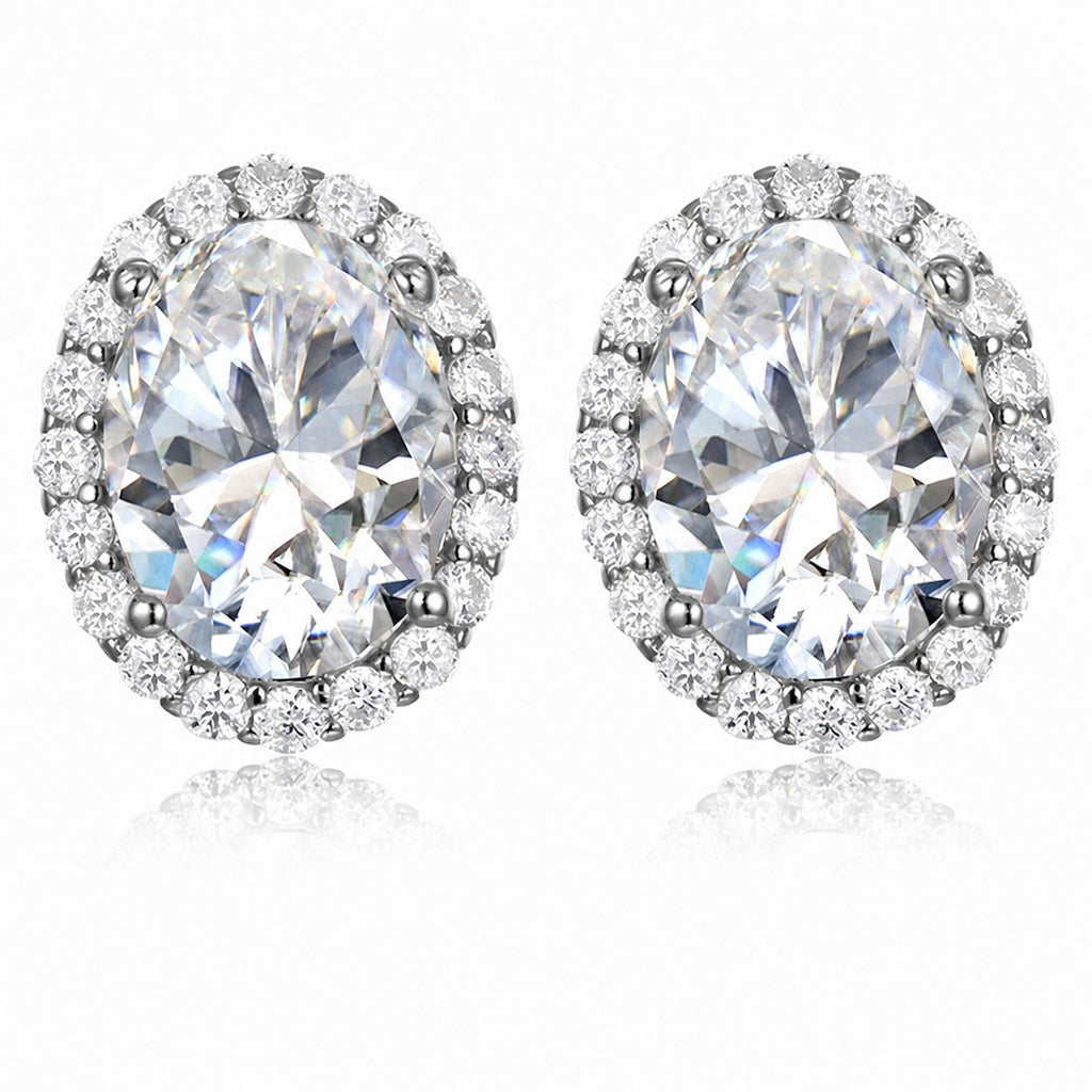 Oval Moissanite D Color Halo 925 Sterling Silver Stud Earrings