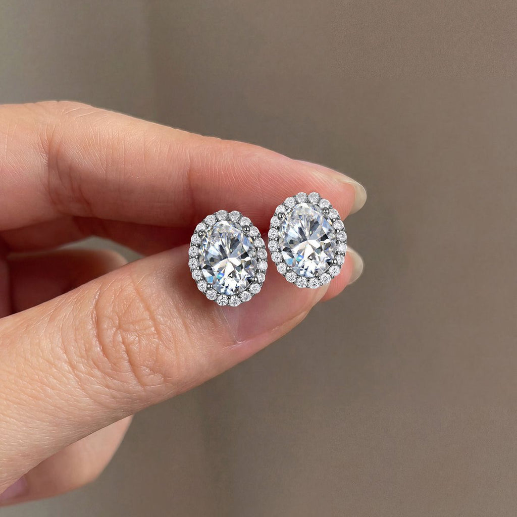 Oval Moissanite D Color Halo 925 Sterling Silver Stud Earrings