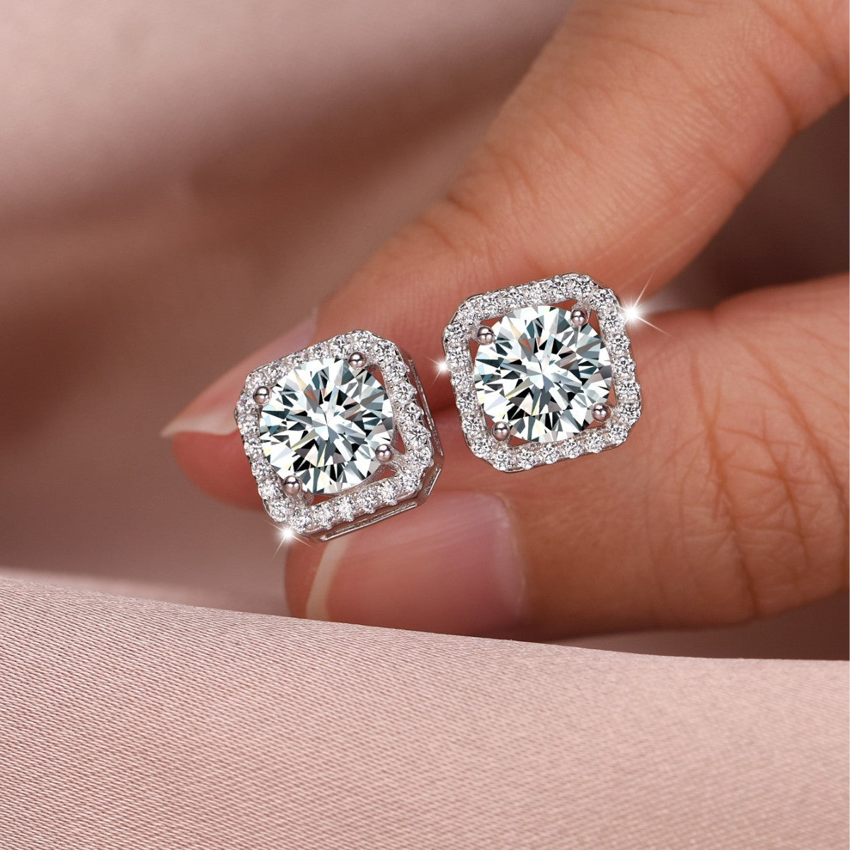 Moissanite Square Halo Earrings
