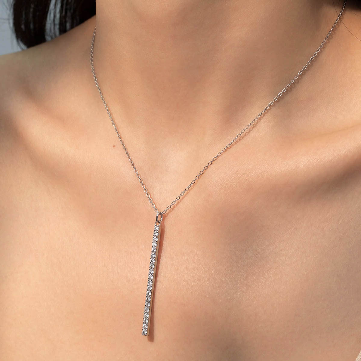 Moissanite Geometric Vertical Bar Pendant Necklace in 925 Sterling Silver