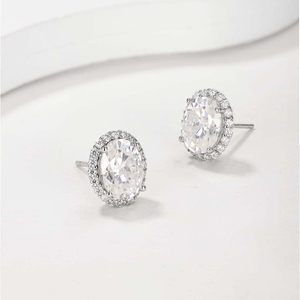 Oval Moissanite D Color Halo 925 Sterling Silver Stud Earrings