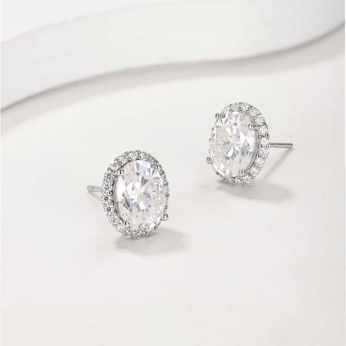 Oval Moissanite D Color Halo 925 Sterling Silver Stud Earrings